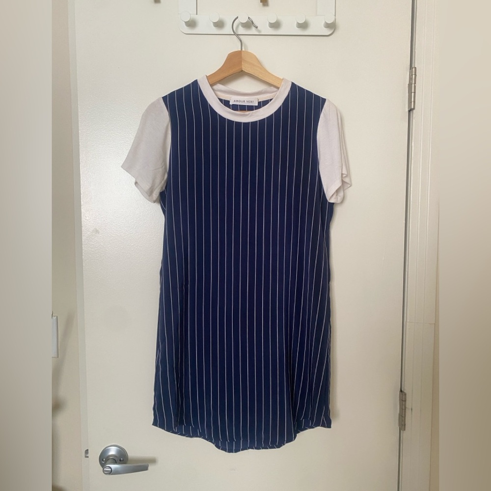 Amour Vert Navy and White Striped Silk Tee Dress